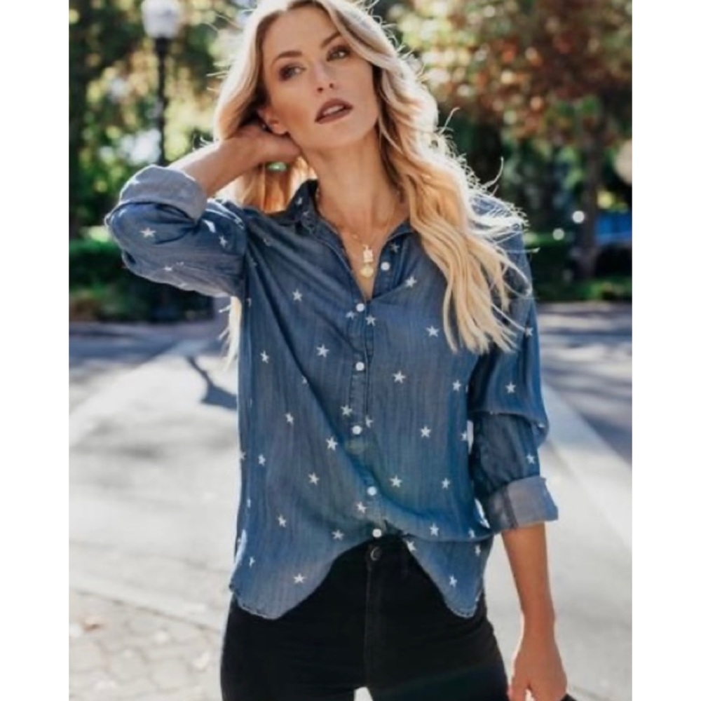 SNEAK PEEK • Blue Chambray Denim Star Print Long Sleeve Button-Down Shirt, S